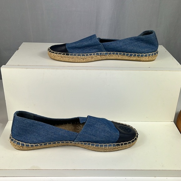 Tory Burch Denim Chambray Navy Leather Color Block Espadrille Flats. - Picture 5 of 15